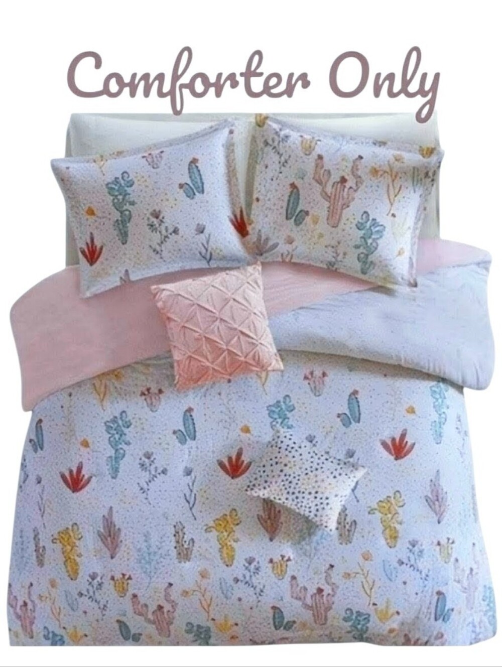 Multi-coloured Cactus Desert Bloom Twin Cotton Comforter Solid Pink on Reverse